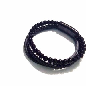 PULSERA CUERO Y BOLAS NEGRAS